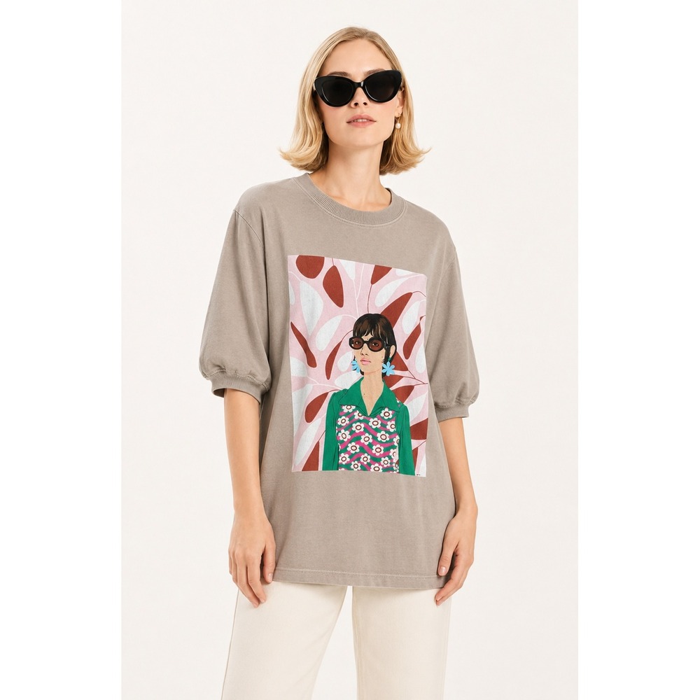 Bijou Karman Womens Graphic T-Shirt XL Tan Puff Sleeve Art Portrait Cotton Tee